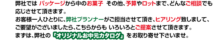 弊社ではパッケージの中のお菓子 その他、予算やロットまで、どんなご相談でも応じさせて頂きます。お客様一人一人に、弊社プランナーがご担当させて頂き、ヒアリング致しまして、ご要望がございましたら、こちらからもいろいろとご提案させて頂きます。まずは弊社の「オリジナルお中元カタログ」をお取り寄せ下さいませ。